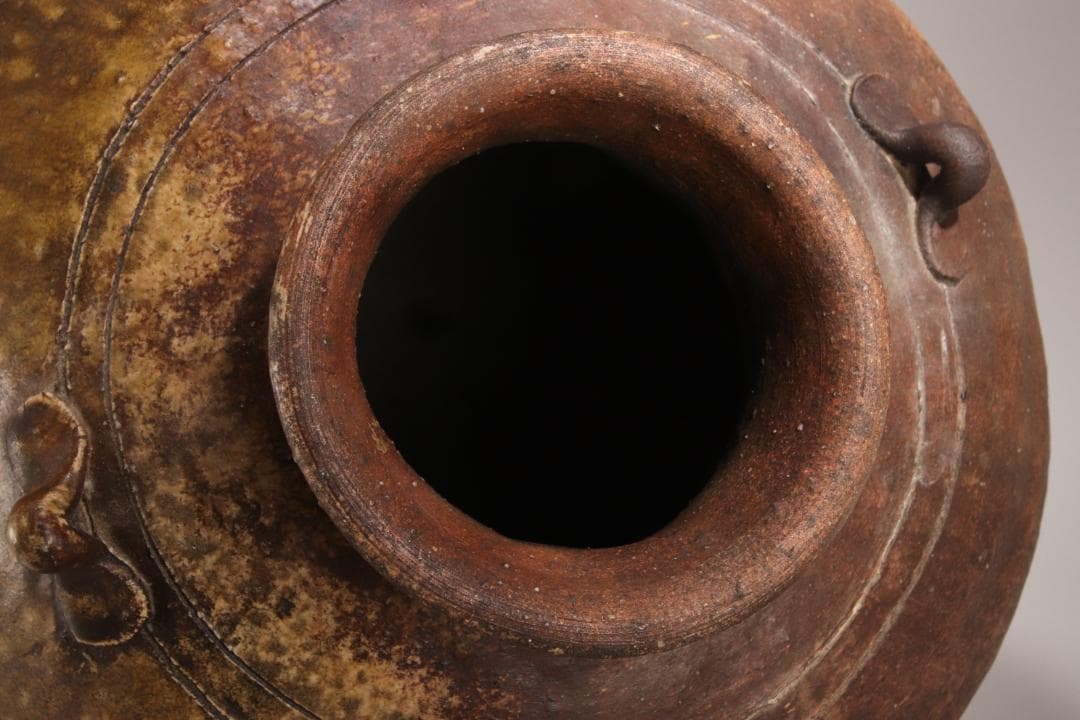 江戸初期　古越前　四耳壷　四耳子　壺　高さ38.5㎝　花器 花瓶　BE793