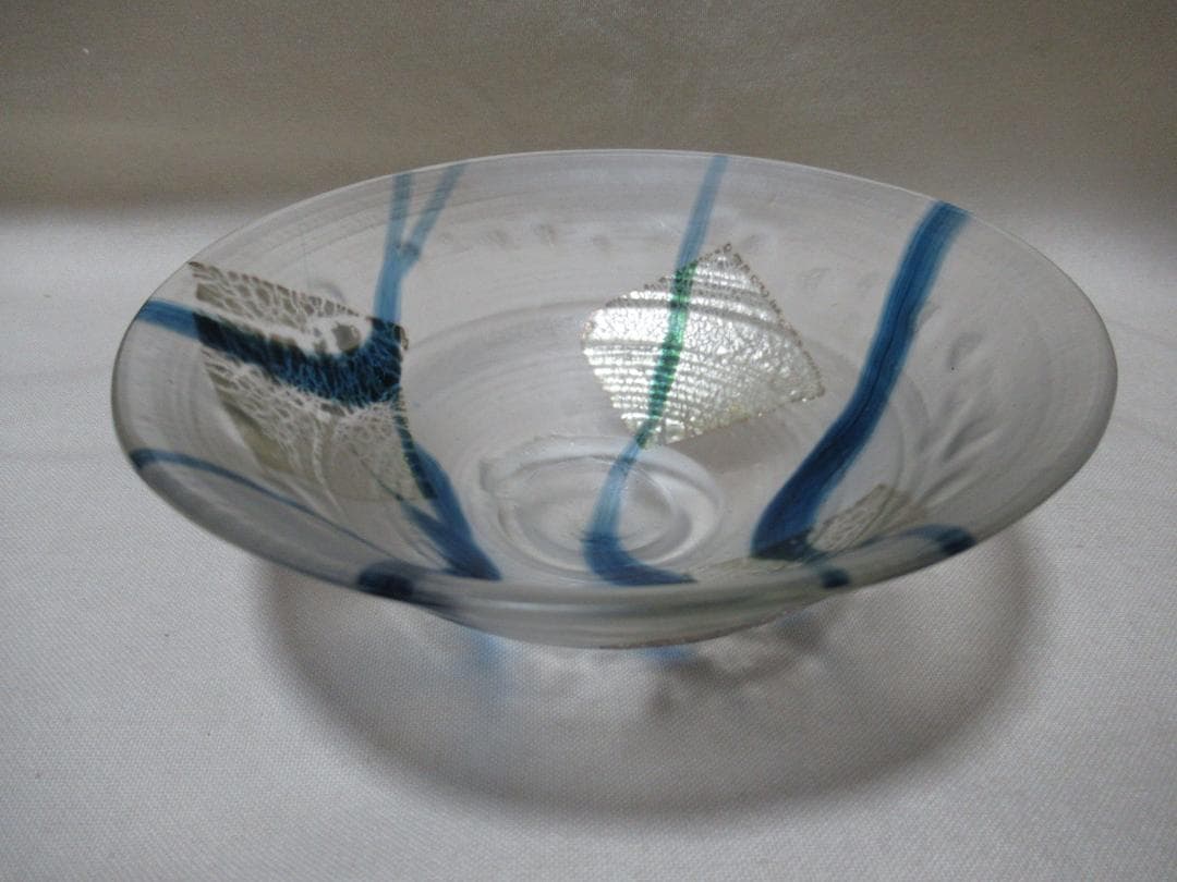 ガラス製 平茶碗 義山銀箔清流 水崎長寿 共箱