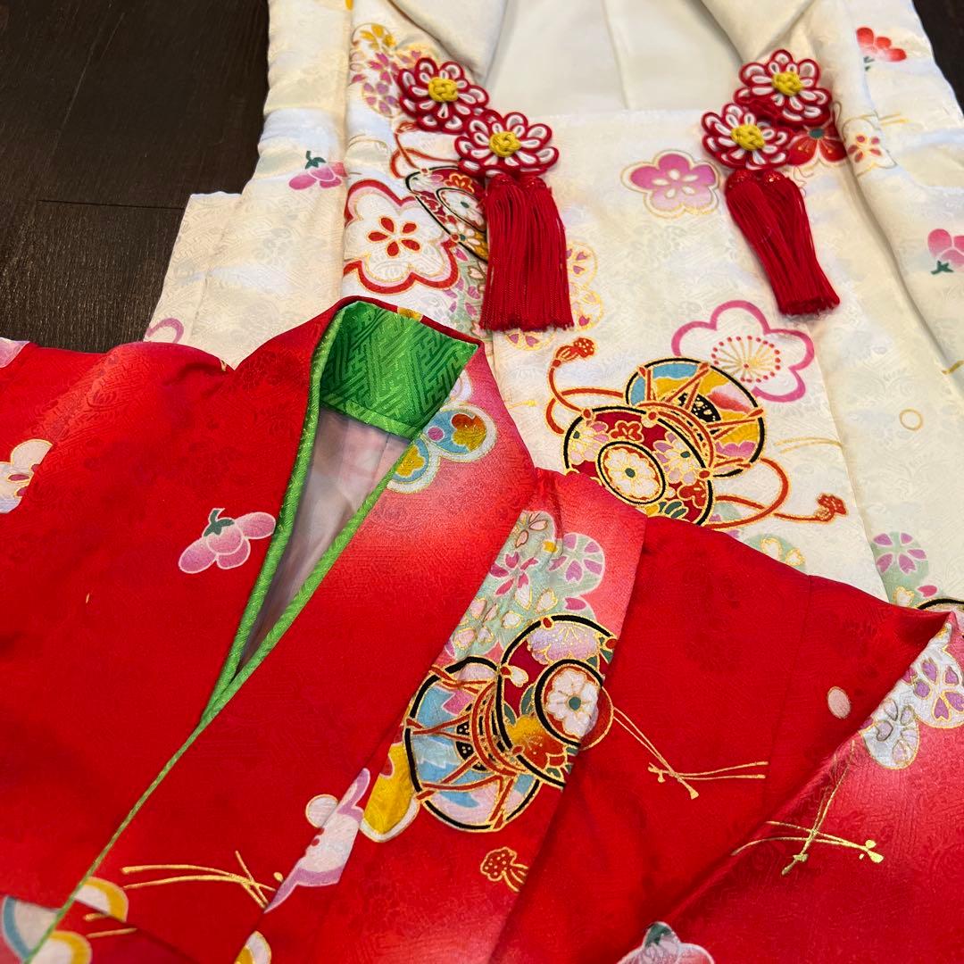 ラ*ン様 七五三 三歳 着物 被布 小物一式 フルセット 正絹 梅 鼓 肌襦袢付