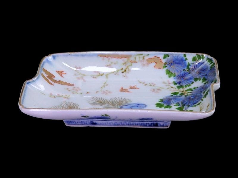 古伊万里 染錦 梅に菊 松に短冊の図 変形長皿 5