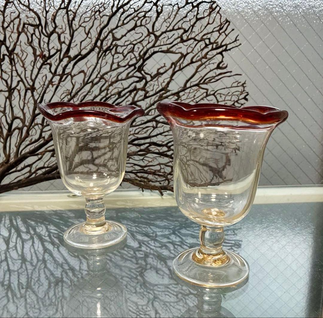 骨董 時代ガラス ゆらゆら 花フチリップ 氷コップ ウラン