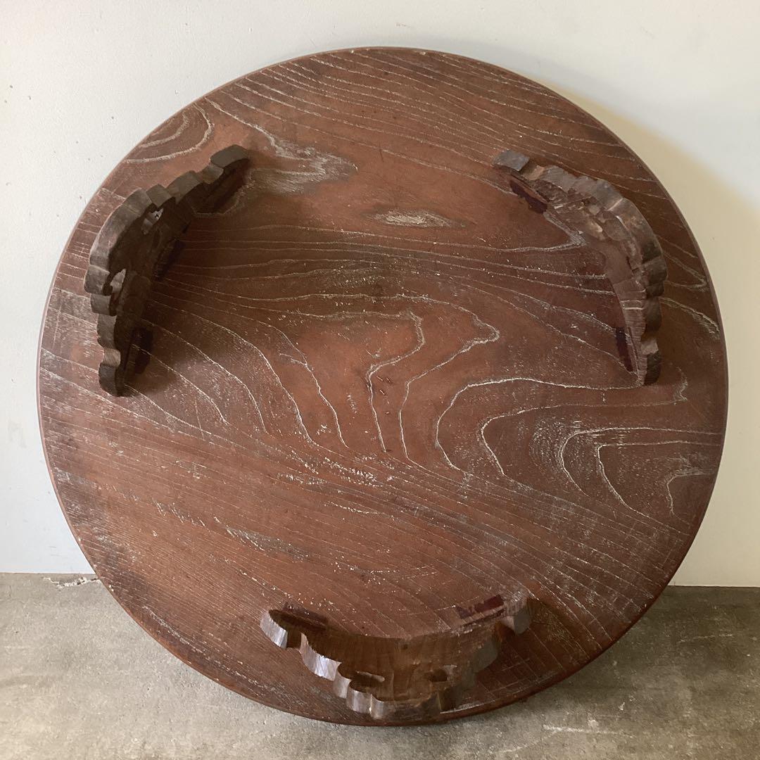 73㎝ 天然木の丸い脚付き膳 卓 座卓 ちゃぶ台 栗盆 時代物