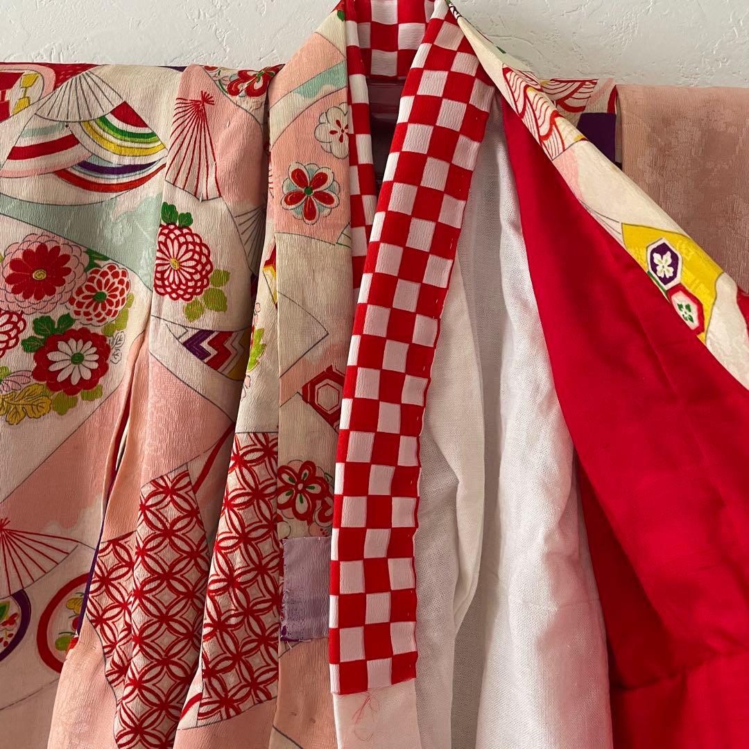 七五三　３歳　女の子　正絹　アンティークお着物　セット　正絹白地の被布コーデ