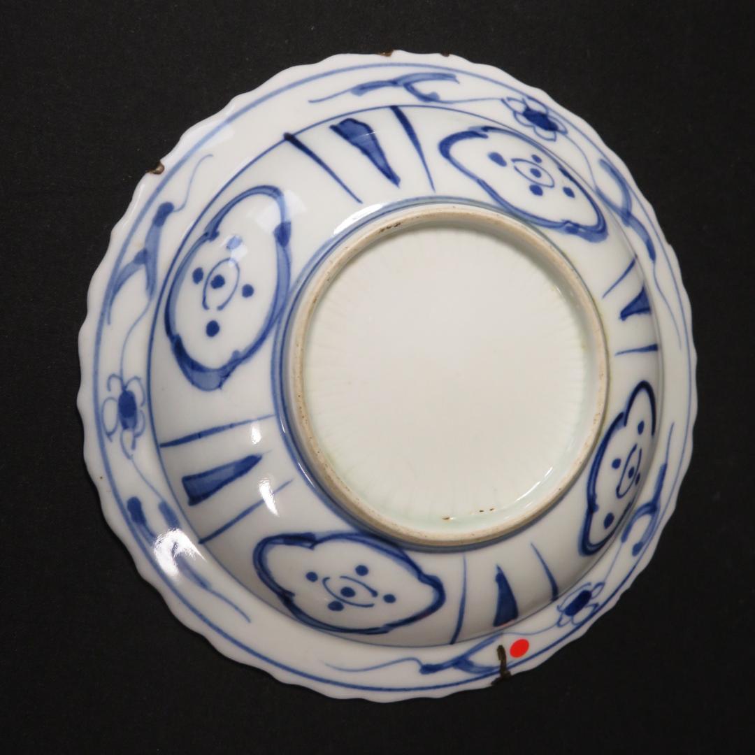 染付 小皿 皿 古伊万里 飛蝗文様 江戸 歪み 欠け 直し 芙蓉手 B傷