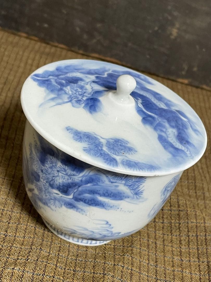 古平戸焼 染付 松竹に龍虎の図 蓋付湯呑 み茶碗 茶道具