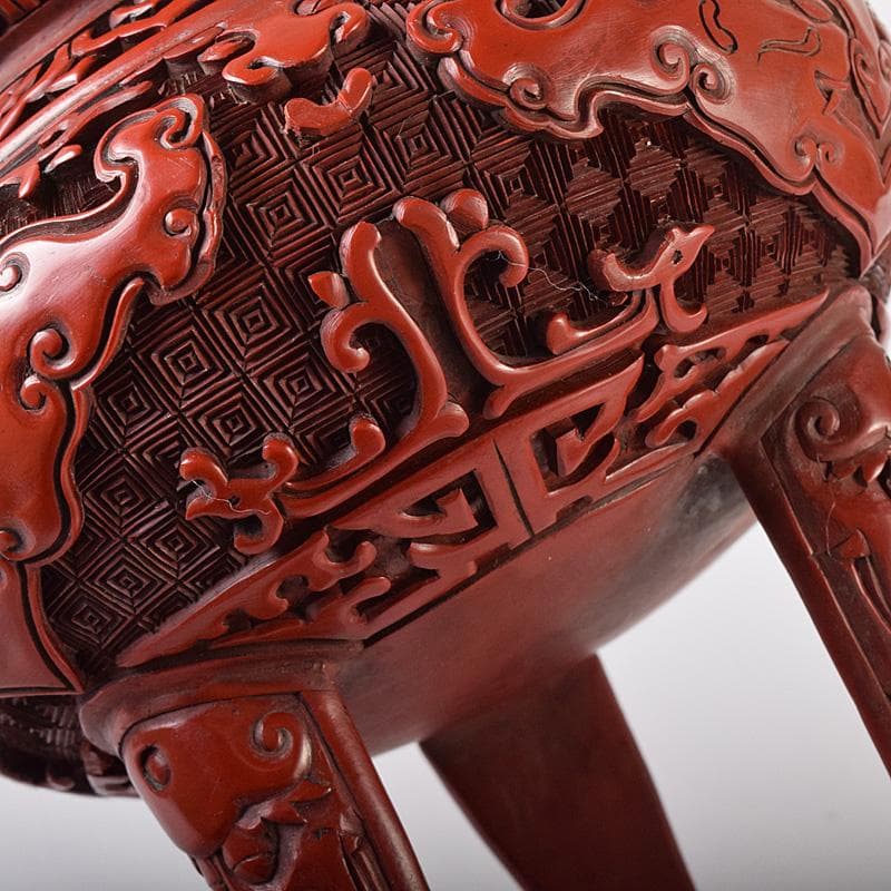 中国 剔紅 堆朱 神獣彫 香炉 唐木台付 D R8251