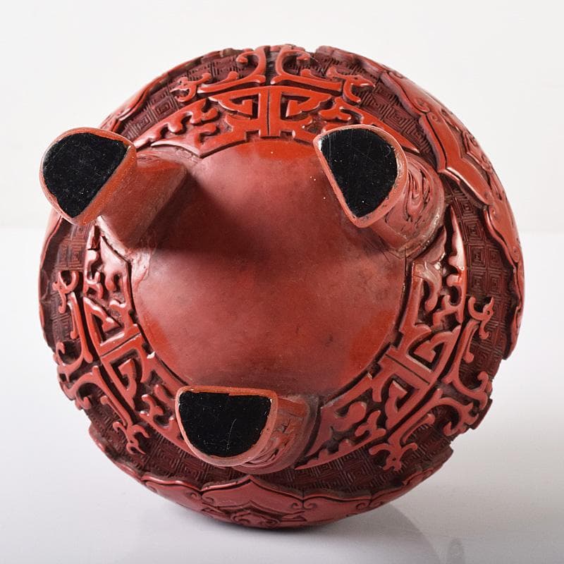 中国 剔紅 堆朱 神獣彫 香炉 唐木台付 D R8251
