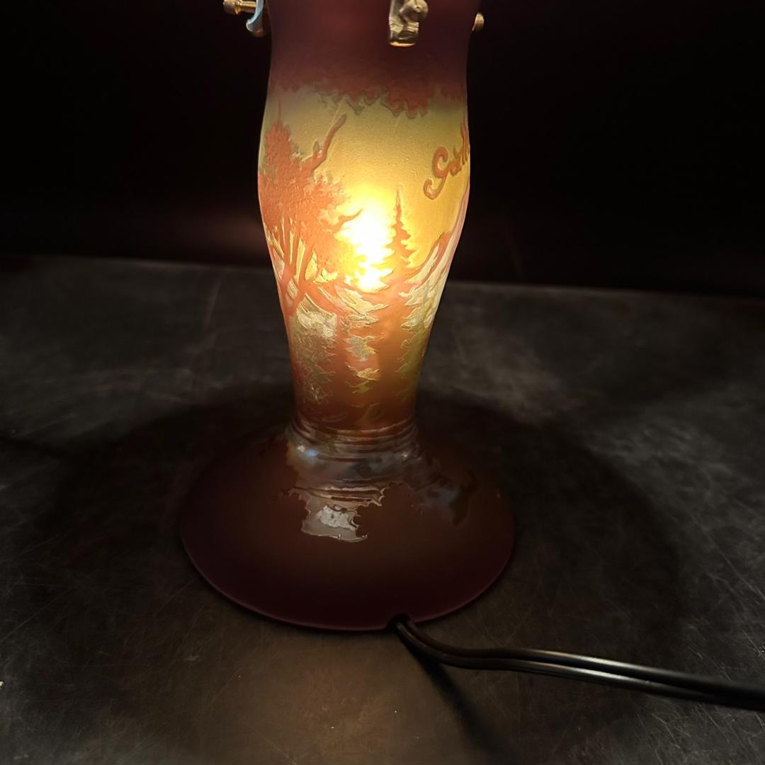 エミールガレ 2灯 山景文 台座真鍮 カメオ彫り 被せガラス 高さ32cm