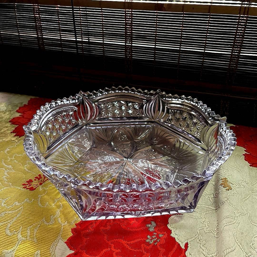 骨董 時代ガラス プレスガラス 希少 淡紫色 クリスタルカット 菓子鉢 大鉢