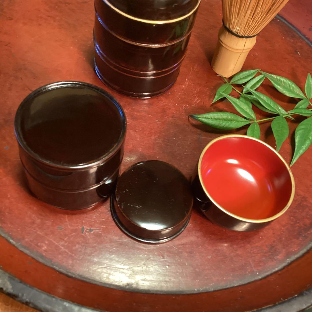 A1025 木製漆器　溜塗　　時代　化粧道具　菓子器　小物入（大、小）セット