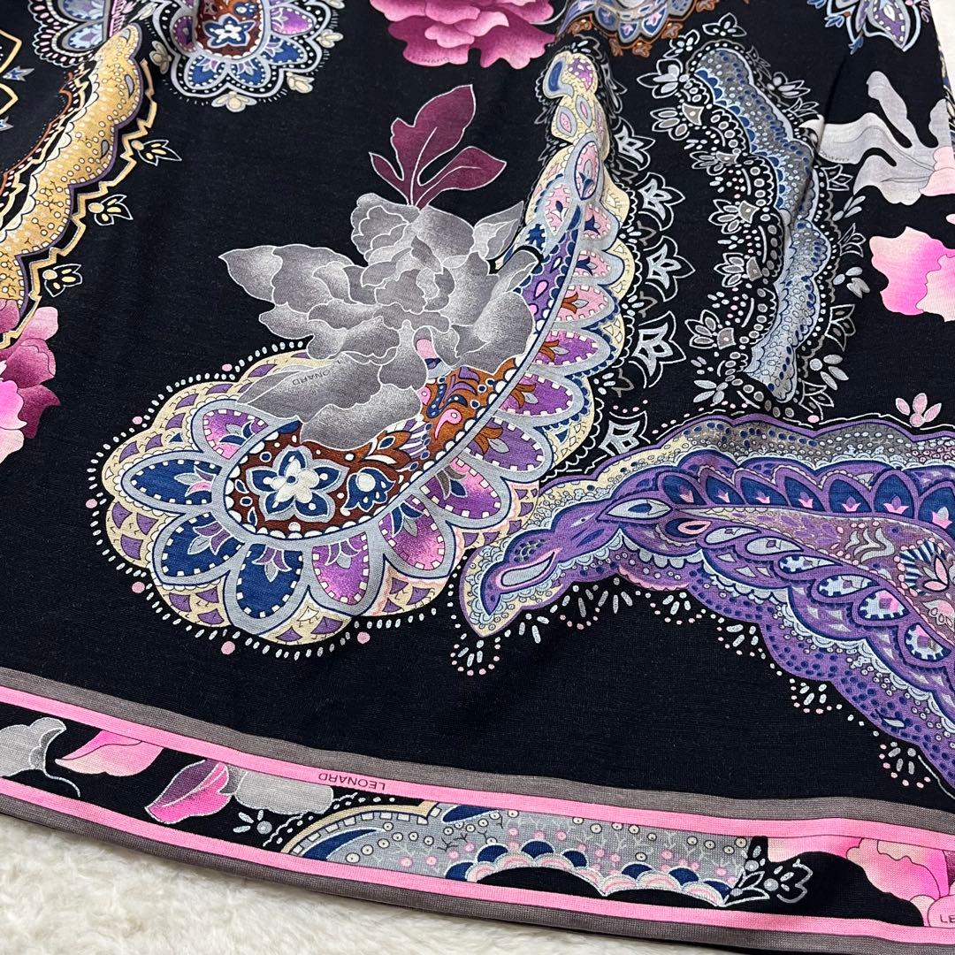 レオナール スカート ウールシルク 花柄 ペイズリー ひざ丈 76 黒ピンク