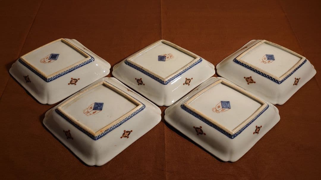 古九谷　湖東焼　赤絵　飯田屋　宮本窯　布袋　蔵出し　菱形皿　５客