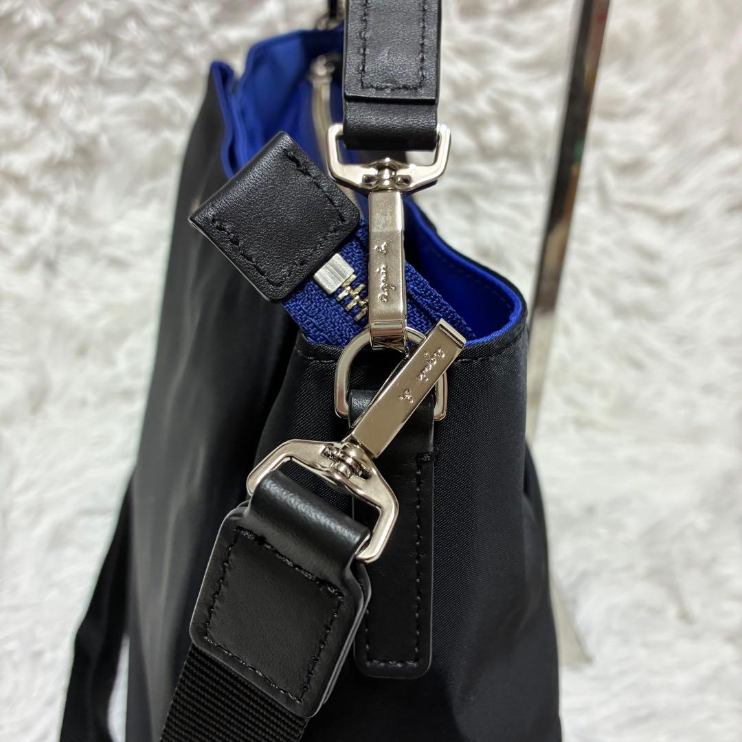 アニエスベー　2wayバッグ　ナイロン　レザー　ゴールドロゴ　ブラック×ブルー