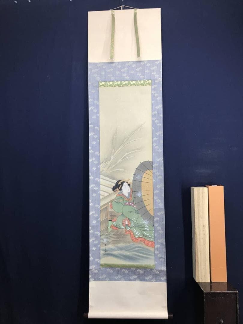 【真作】菊川英泉/雪中美人屋形舟図/美人図/浮世絵/掛軸/名家伝来/AD-45