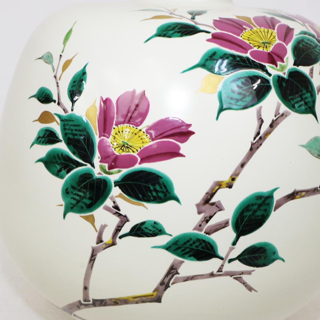 九谷焼 武腰敏昭 花入 山茶花の図 花器 共箱 共布