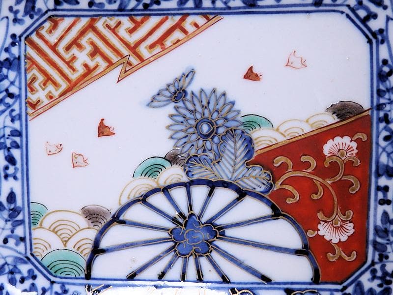 大聖寺伊万里 染錦 波千鳥に菊 花唐草の図 長皿 B288AS-CRn