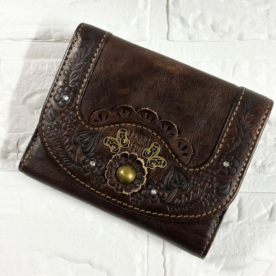 ニ*ラ様 ANNA SUI アナスイ 三つ折り財布 がま口 レザー ブラウン 蝶