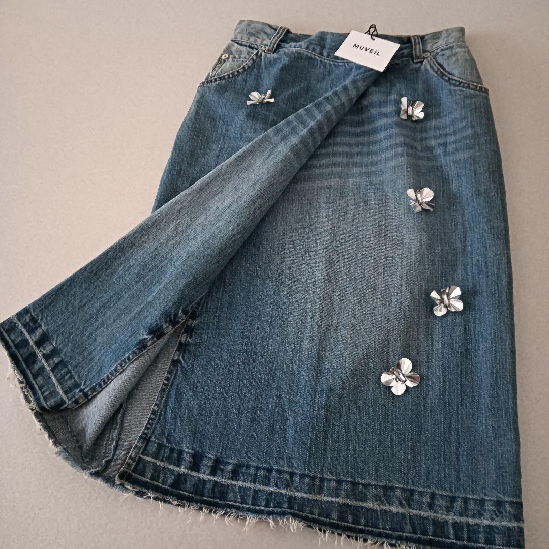 未使用タグ付き MUVEIL(ミュベール) 刺繍 蝶 デニムスカート定価3.7万