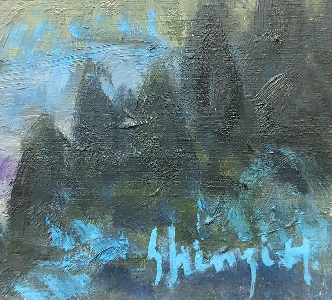 油彩画 「浅間夕景」油絵 絵画 F4 風景画 アート 額装 額縁 古径