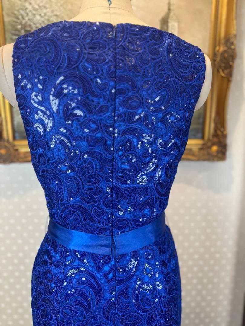 青色レーススパンコール刺繍マーメイドドレス ウエストリボン付き