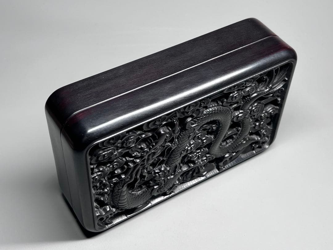 木製 小物入れ 香炉？ 硯箱 巻雲龍紋 透彫 極細工 文房具 中国美術