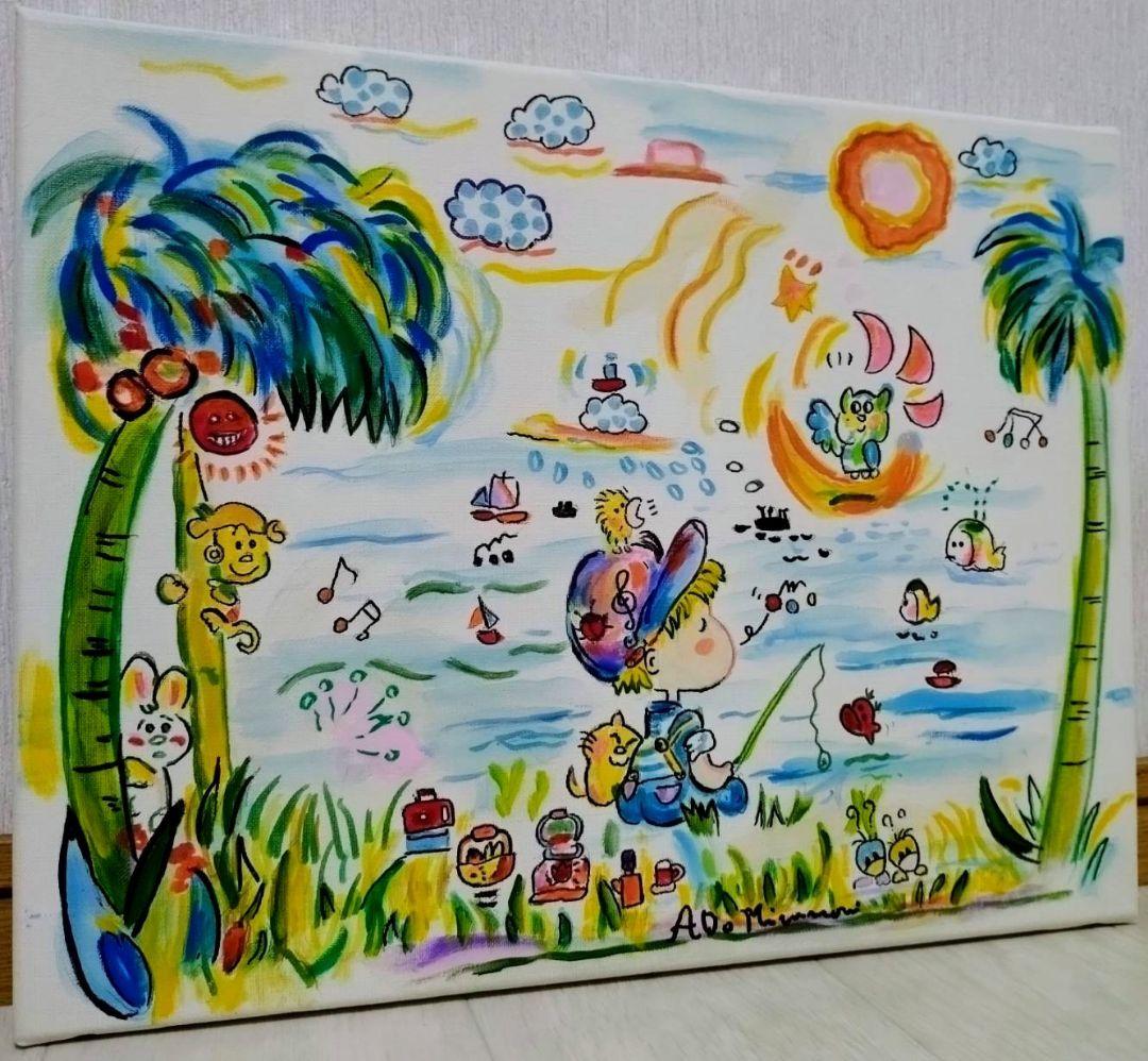 F6号】水森亜土 手描き作品/表裏サイン・裏描き有/油彩/アクリル/額縁