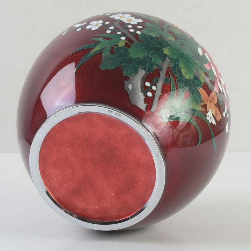 七宝焼 尾張佐藤七宝店謹製 赤透釉 四君子文 花瓶 V 9310