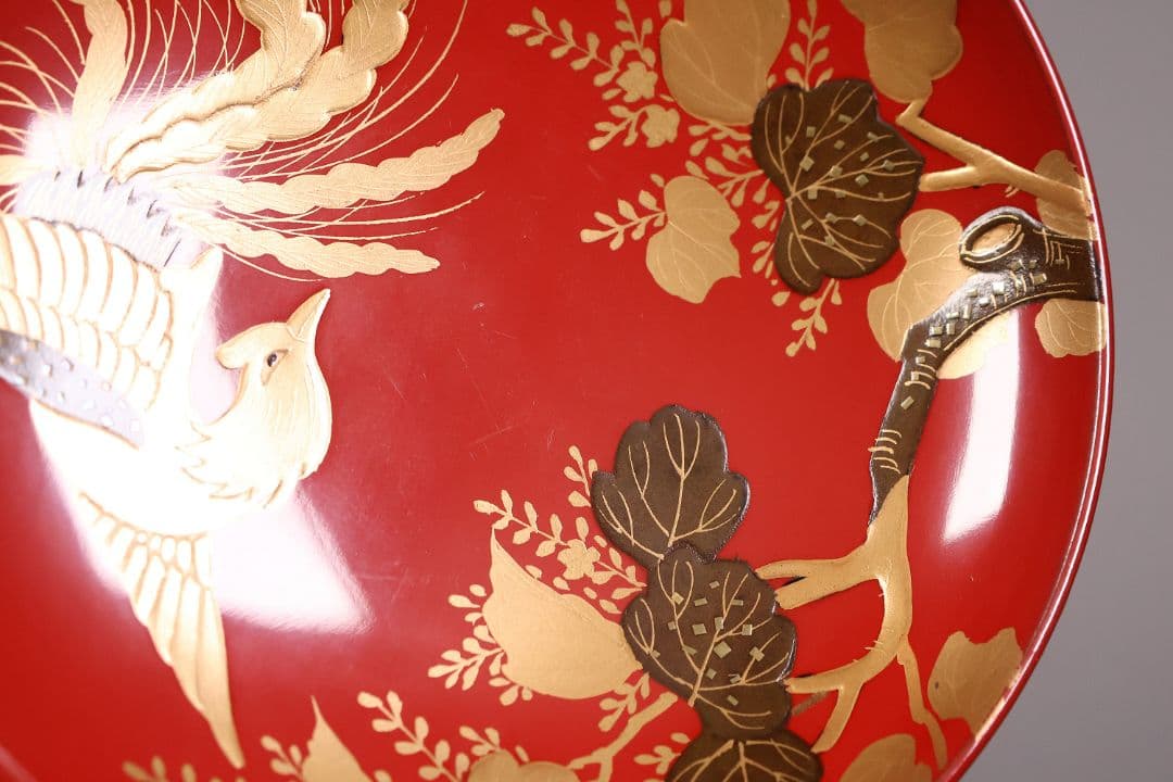 【CM243】時代木製漆器 桐鳳凰・菊 金蒔絵 朱塗 引盃 五客 木製漆器 小皿