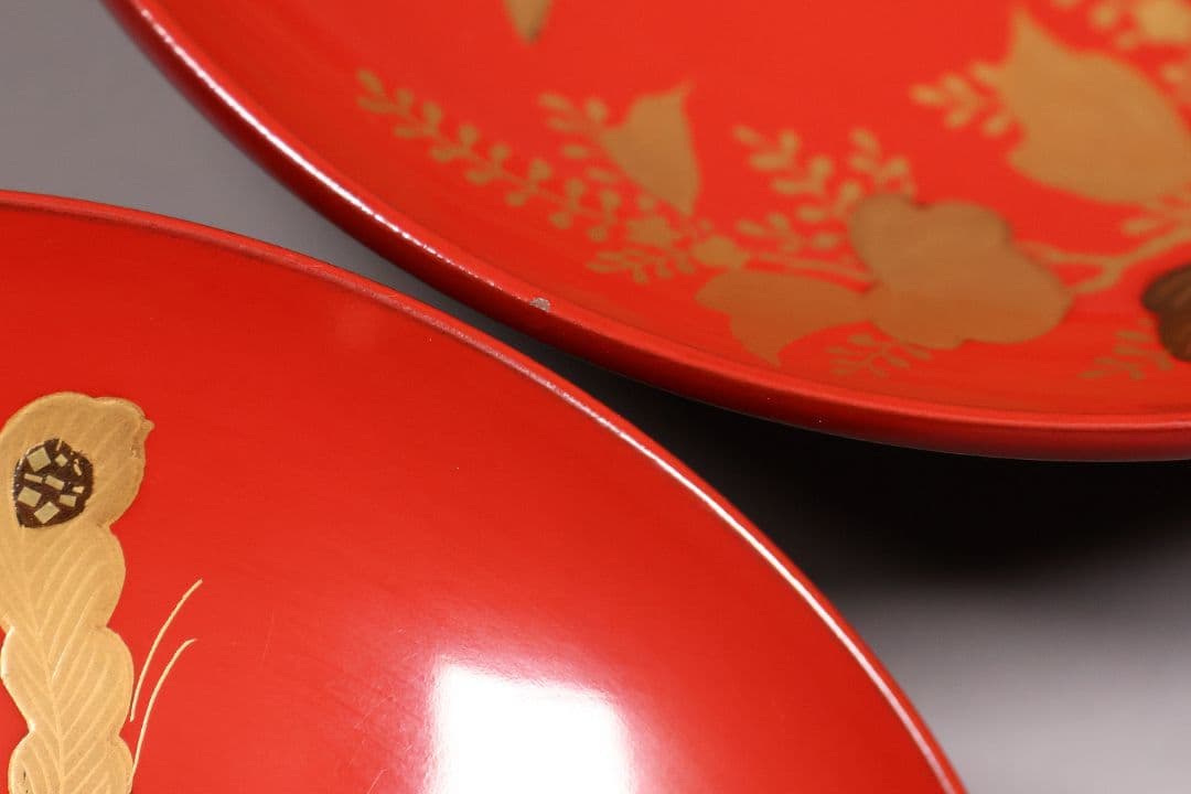 【CM243】時代木製漆器 桐鳳凰・菊 金蒔絵 朱塗 引盃 五客 木製漆器 小皿