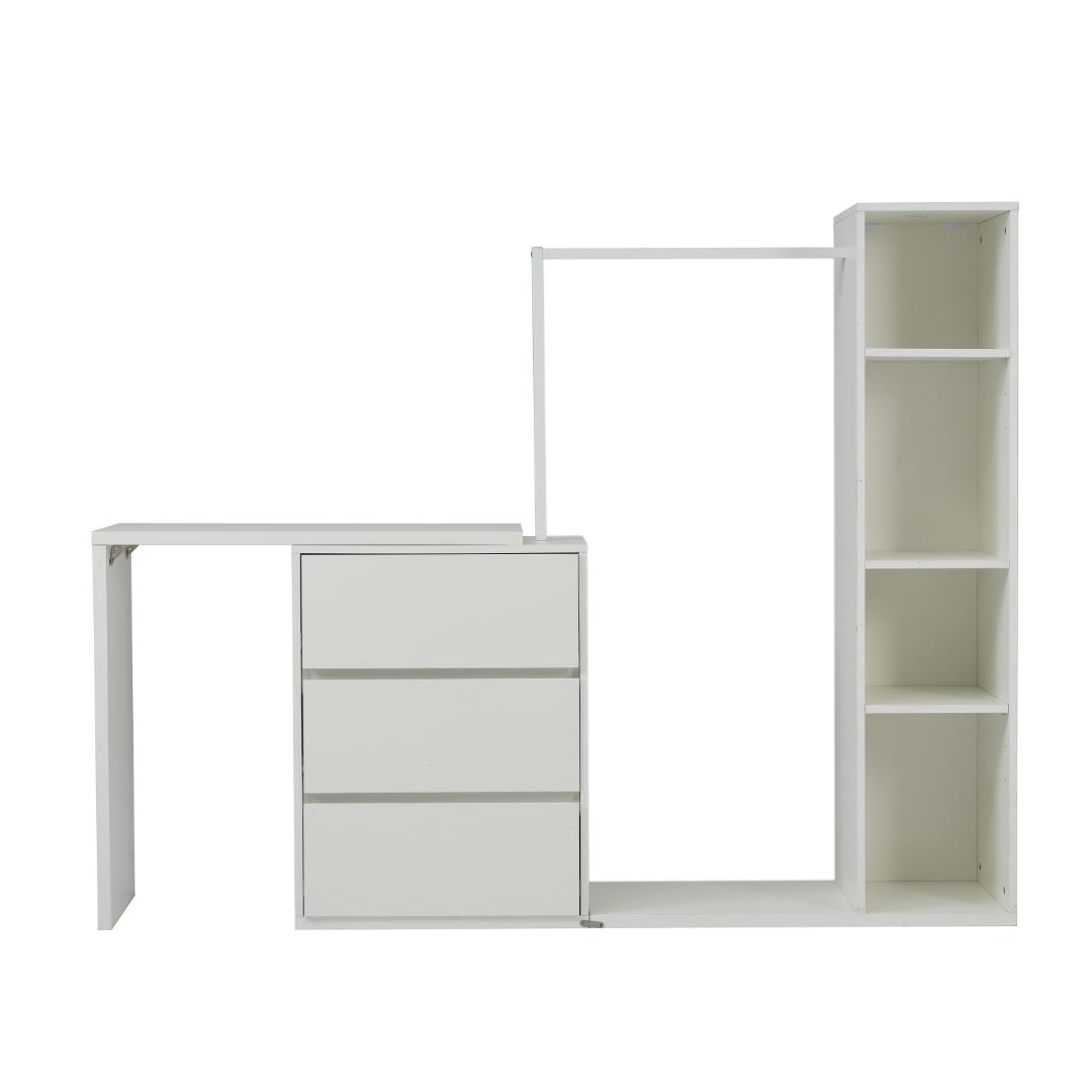 3段キャビネット+幅調整デスク+ ハンガーラック+ラック化粧台 デスク木製