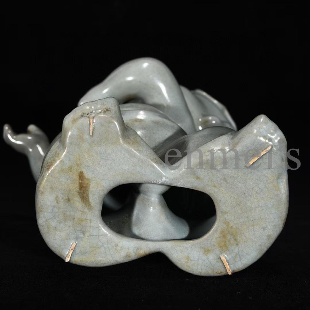 中国古美術・宋汝窯風 淡青釉 童子人形 3体セット・陶器製・