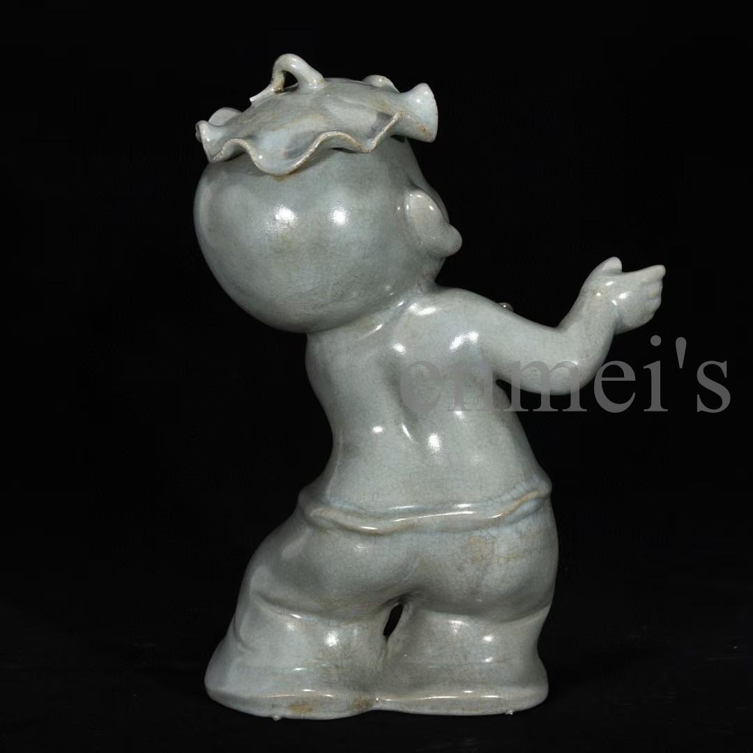 中国古美術・宋汝窯風 淡青釉 童子人形 3体セット・陶器製・