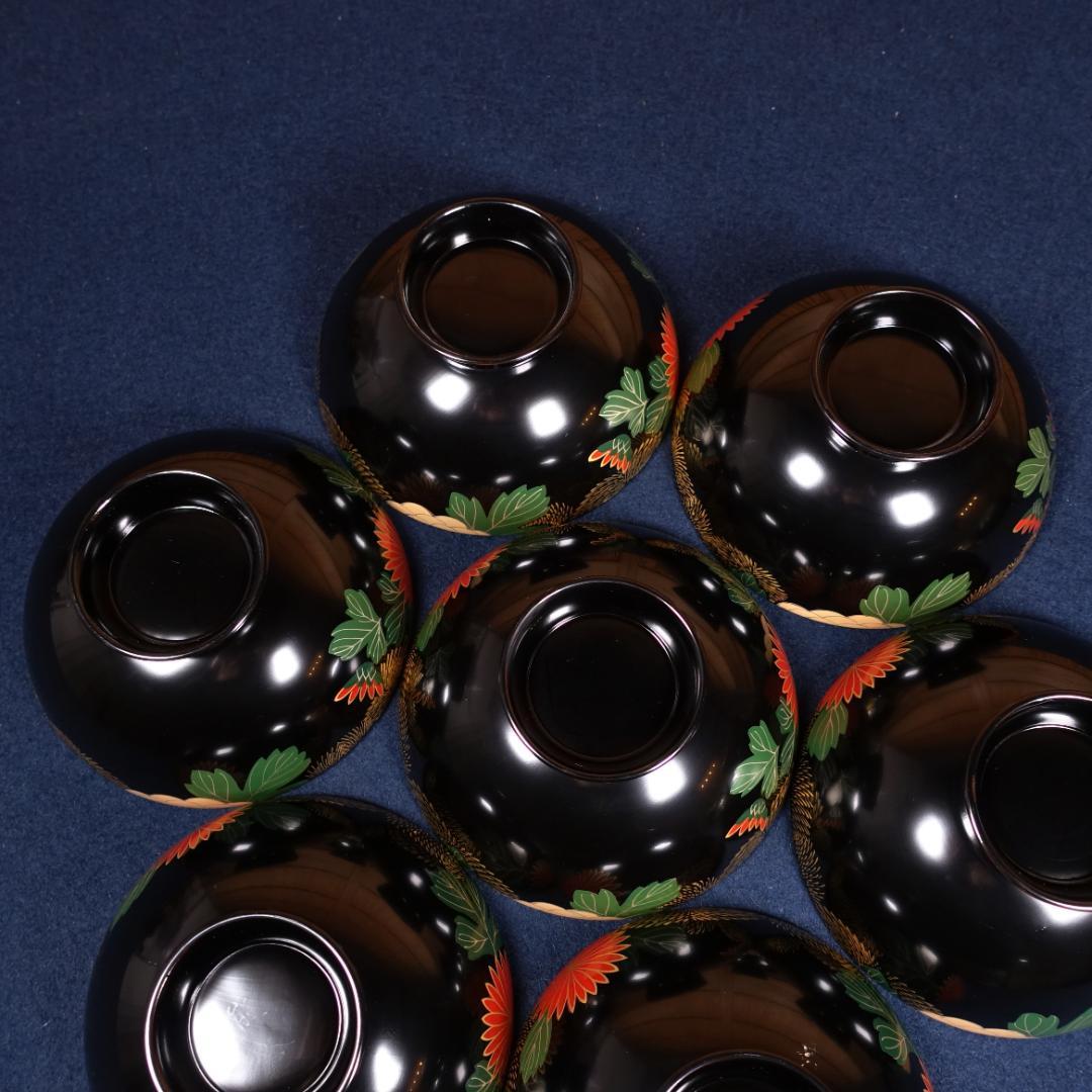 輪島塗 沈金 蒔絵 菊花尽図 吸物椀 7客 共箱