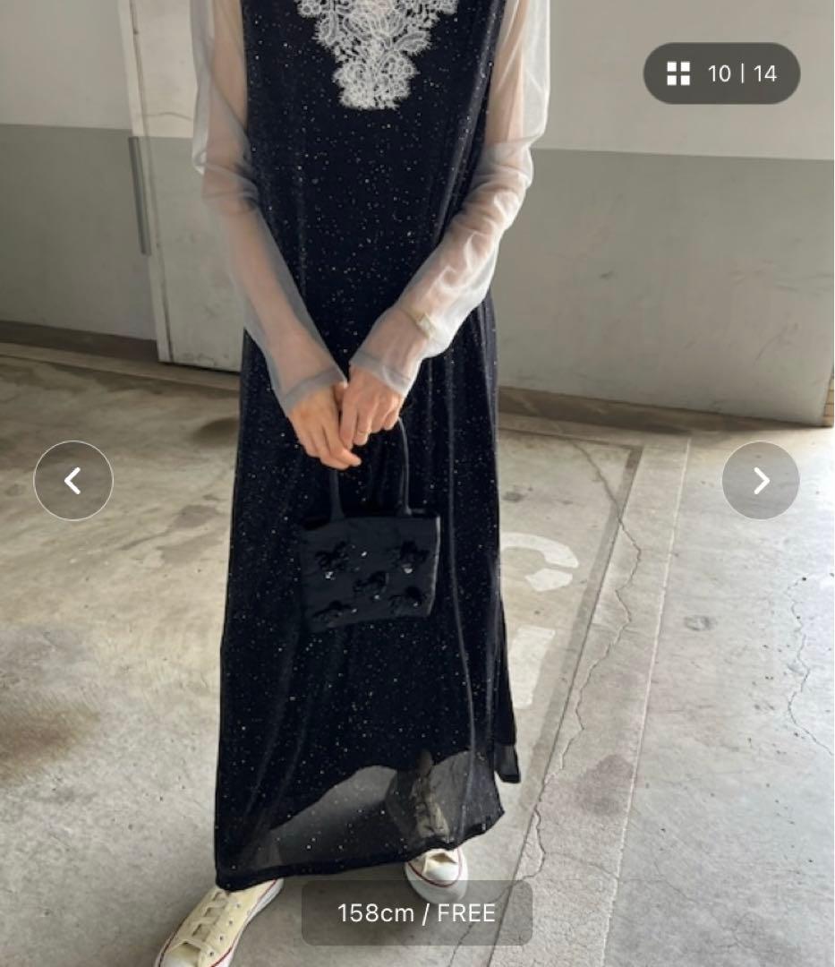 LEJA】レースネック透け袖スリットキラキラロングドレスワンピース