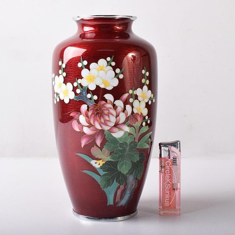 七宝焼　赤透明釉　四君子文　花瓶　唐木台付　共箱　M　R8361