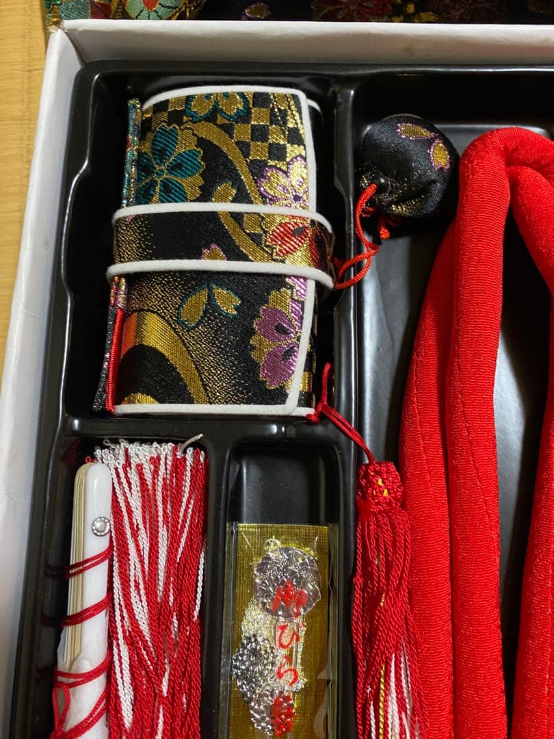七五三　7歳　作り帯　結び帯　帯　ハコセコセット　黒系　草履　和装バック　超美品