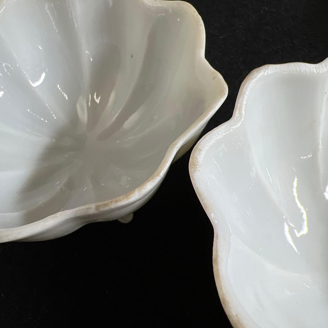 中国清朝時代 薄手白磁三足輪花小碗5客 幅約8