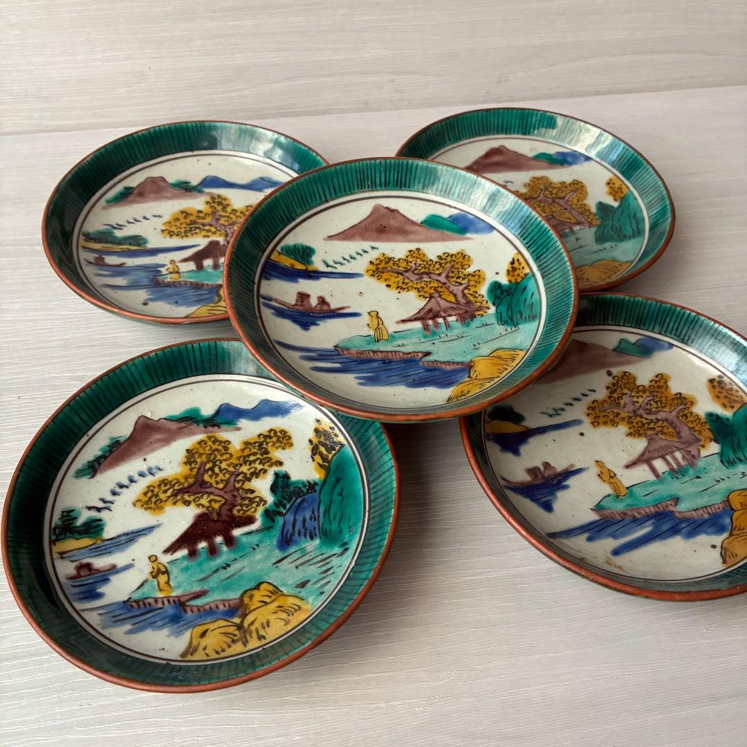 【1枚割れあり】九谷焼　吉田屋窯　小皿　角福　山水　青手　年代物　共箱　和食器