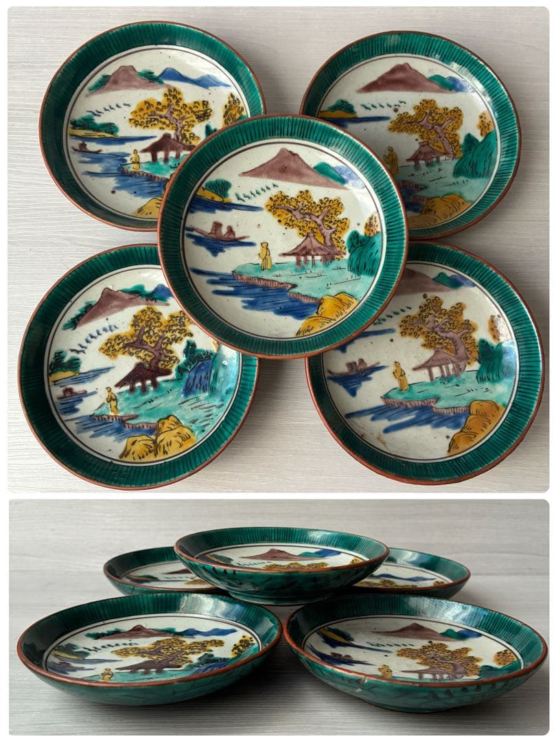 1枚割れあり】九谷焼 吉田屋窯 小皿 角福 山水 青手 年代物 共箱 和