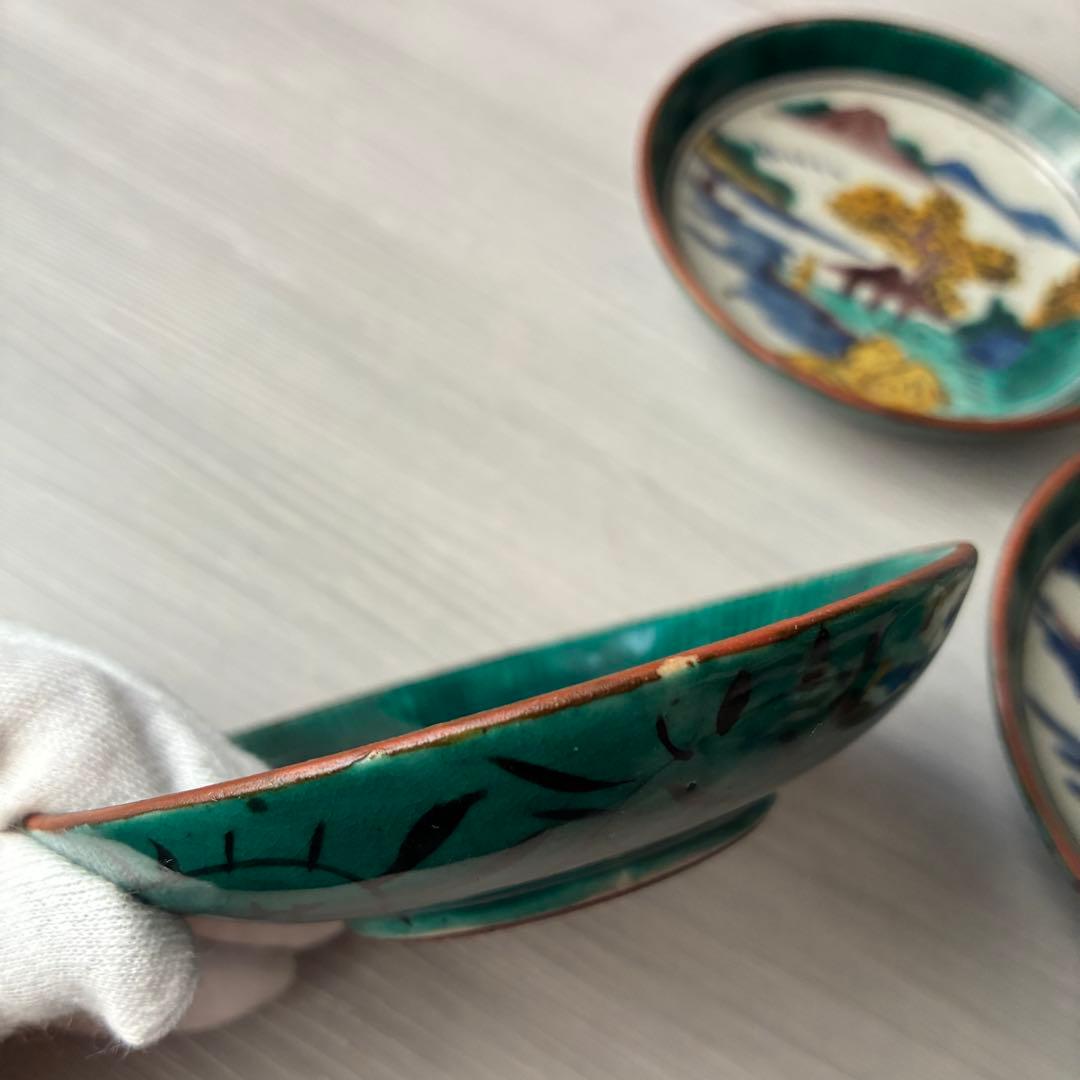 1枚割れあり】九谷焼 吉田屋窯 小皿 角福 山水 青手 年代物 共箱 和