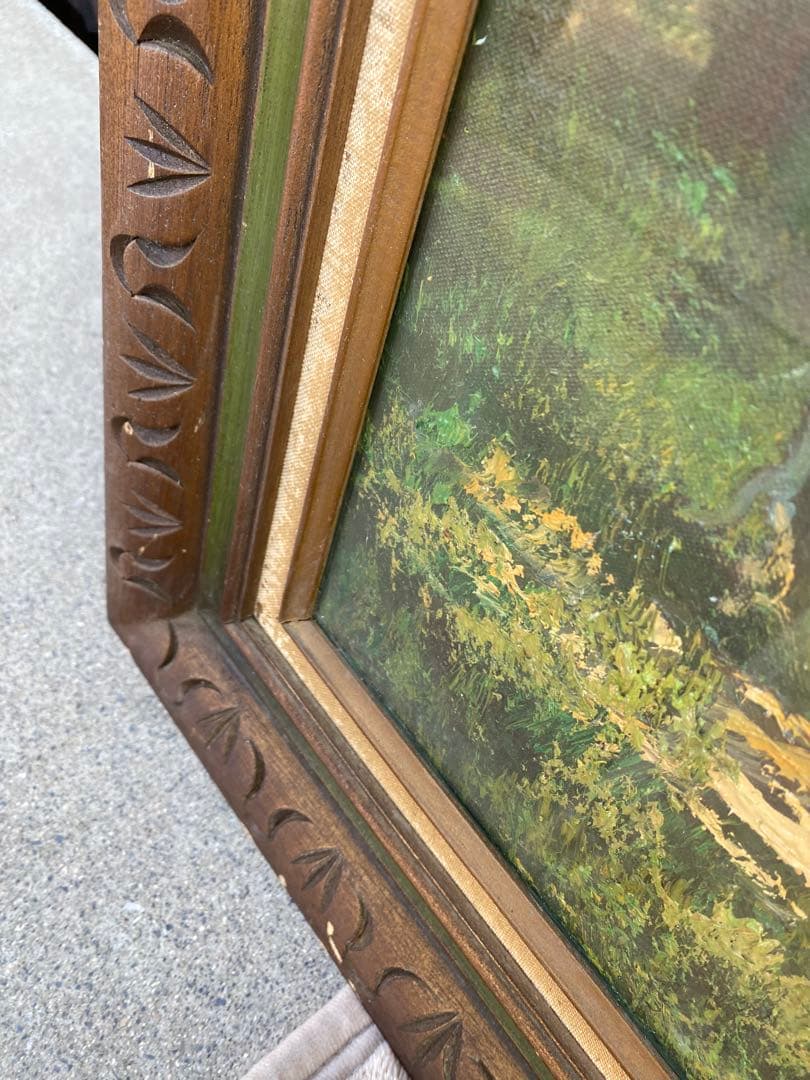 風景画　油彩　木製フレーム付　山水画　特大　大判　アンティーク　絵画