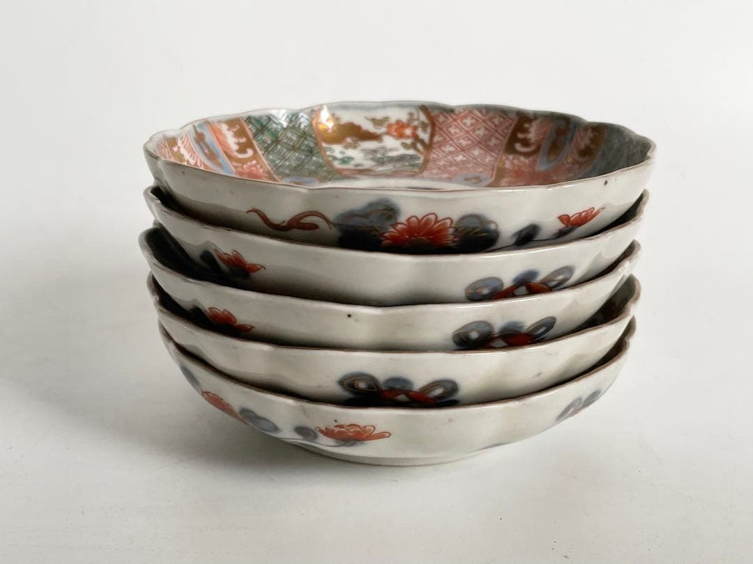 骨董 アンティーク 金襴手 輪花縁 小皿 稲穂文様 5枚