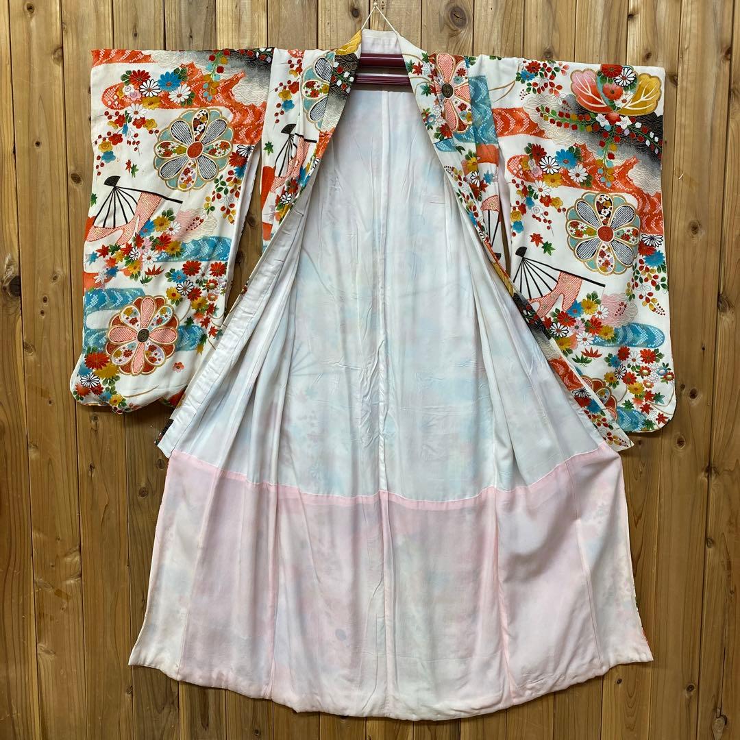 女の子 正絹 着物 七五三 七草 晴れ着 総柄 和柄 レトロ