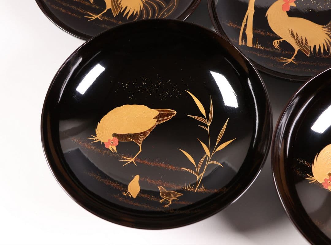 【CM352】時代蒔絵椀 竹に鶏金蒔絵 平椀二客 木製 /(検) 輪島塗加賀能登