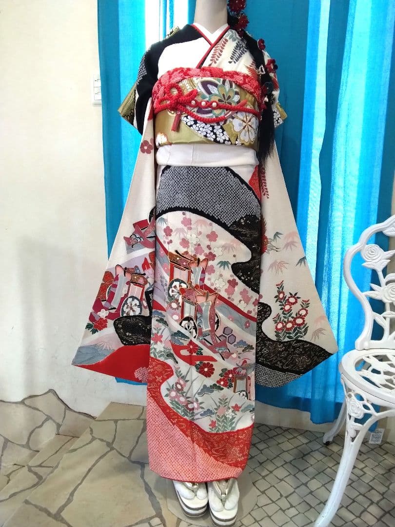 振袖フルセット、正絹絞り振袖、成人式、重ね衿帯揚げ帯締め、西陣袋帯
