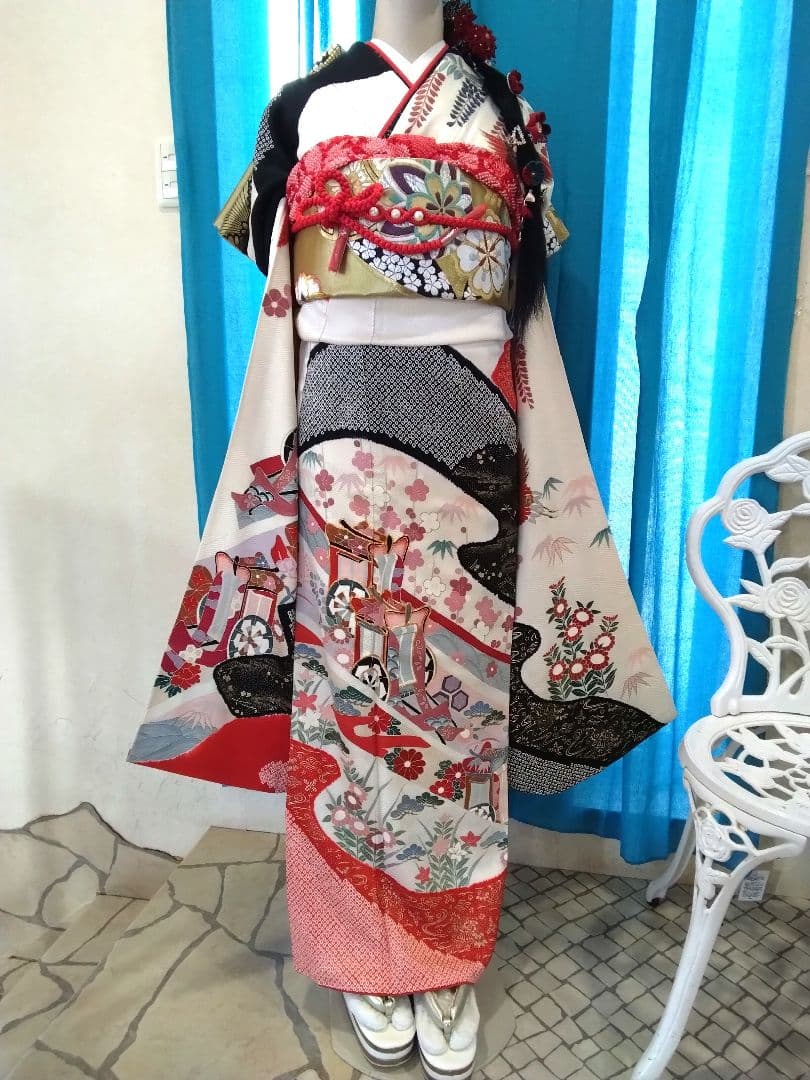 振袖フルセット、正絹絞り振袖、成人式、重ね衿帯揚げ帯締め、西陣袋帯
