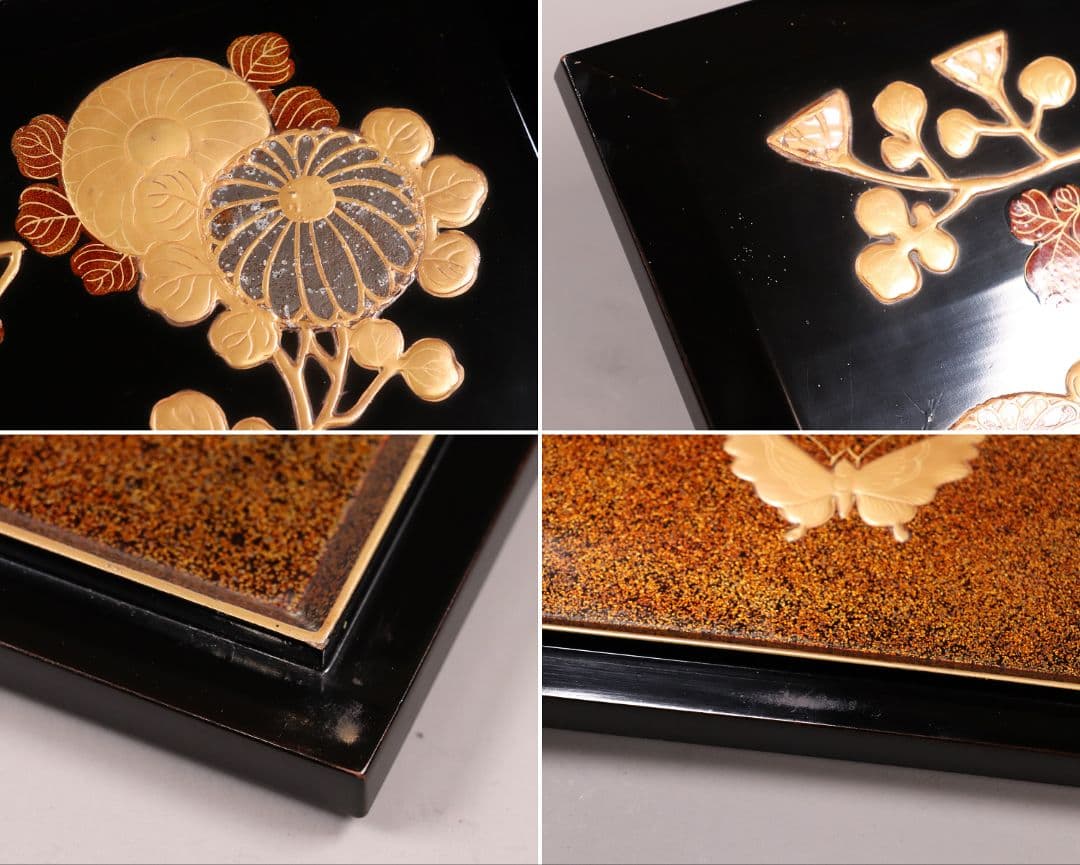 専用 MA24 時代木製漆器 光琳蒔絵 五段重 重台 菊蝶金銀蒔絵 螺鈿 黒塗