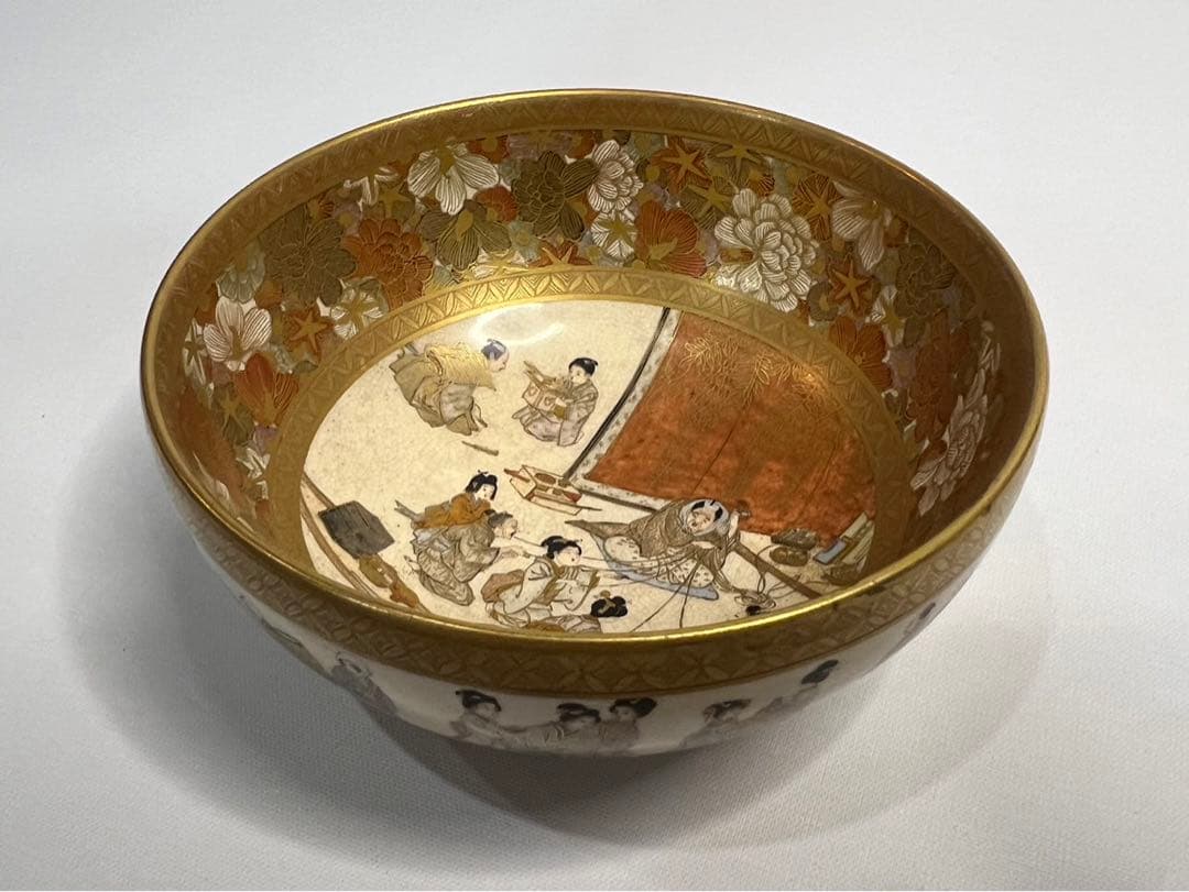 【錦光山】超絶技巧 薩摩 金蘭手 色絵 金彩 風俗図茶碗