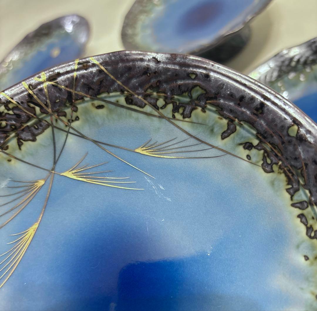 有田焼 堅窯 南蛮瑠璃 高台皿 5客 陶芸 南蛮ルリ 刺身皿 盛皿