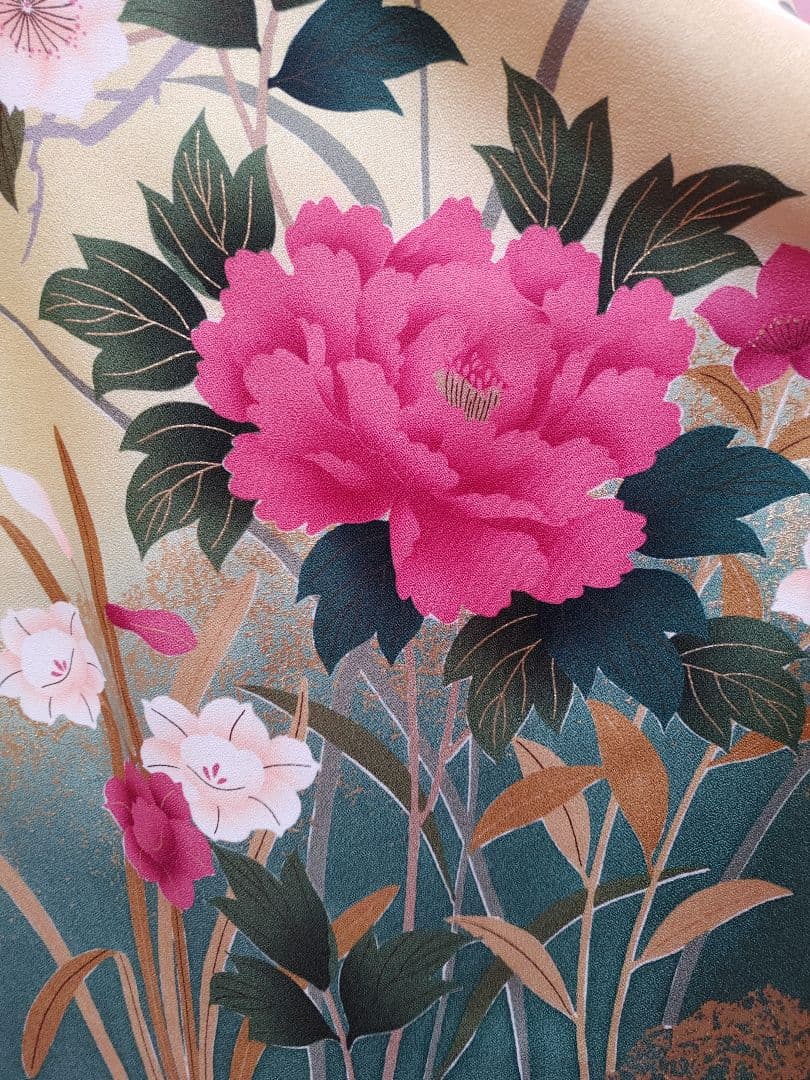 豪華 牡丹 振袖 袋帯 帯揚げ 帯締めセット 刈安色(薄い緑がかった黄色)